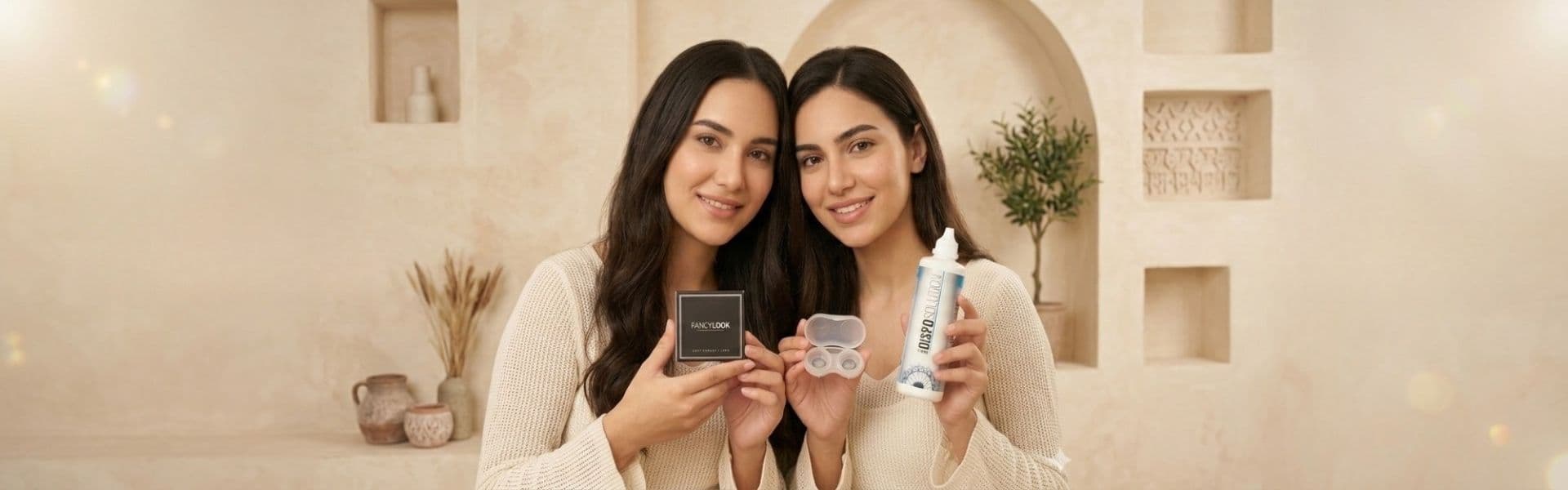 שתי דוגמניות מחזיקות עדשות מגע ותמיסה של FancyLook